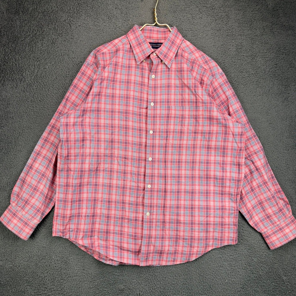 Roundtree & Yorke Mens Large Red Blue Plaid Cotton Button Down Shirt Long Sleeve